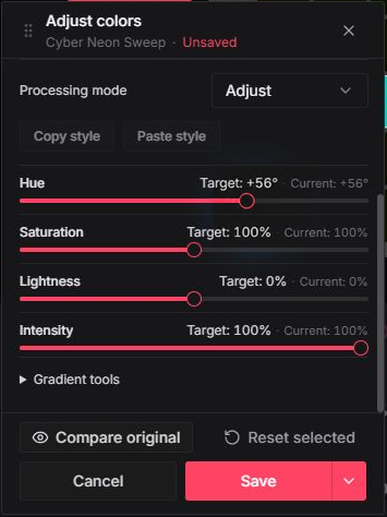 Adjust mode showing Hue at plus 56 degrees, Saturation at 100 percent, Lightness at zero, and Intensity at 100 percent, with Unsaved status.