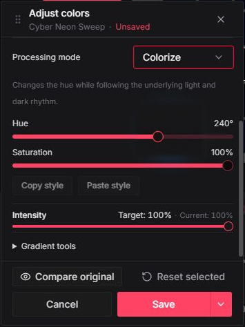Colorize mode with Hue and Saturation sliders, its light-and-dark rhythm explanation, and the shared Intensity control.