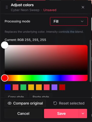 Fill mode with the color picker set to white, current RGB value 255, 255, 255, and preset swatches.
