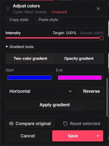Two-color gradient controls with blue and magenta endpoints, Horizontal direction, Reverse, and Apply gradient.