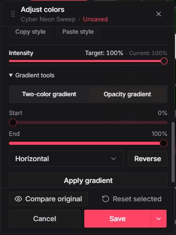 Opacity gradient controls with Start at zero percent and End at 100 percent, Horizontal direction, and Apply gradient.