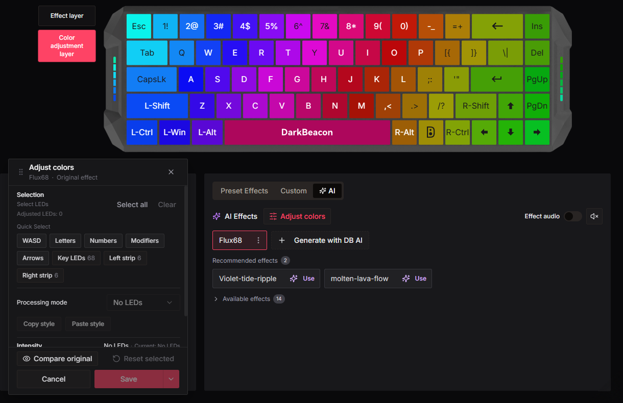 RGB Settings with a colorful Flux 68 keyboard preview, Color adjustment layer selected, and the Adjust colors floating window open before selecting any lights.