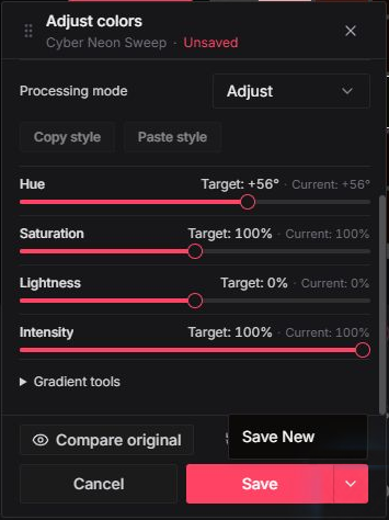 The Save options menu showing Save New above the main Save button.