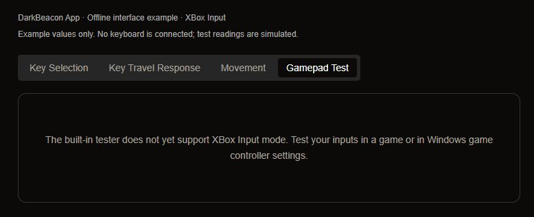 XBox Input Gamepad Test example displaying the instruction to test in a game or Windows game controller settings because the built-in tester is unavailable.