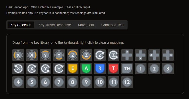 Classic DirectInput Key Selection example showing directional axes, rotation axes, simulation controls, and numbered buttons.