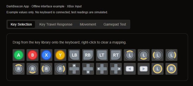 XBox Input Key Selection example with face buttons, shoulder buttons, triggers, stick directions, D-Pad, and menu buttons.